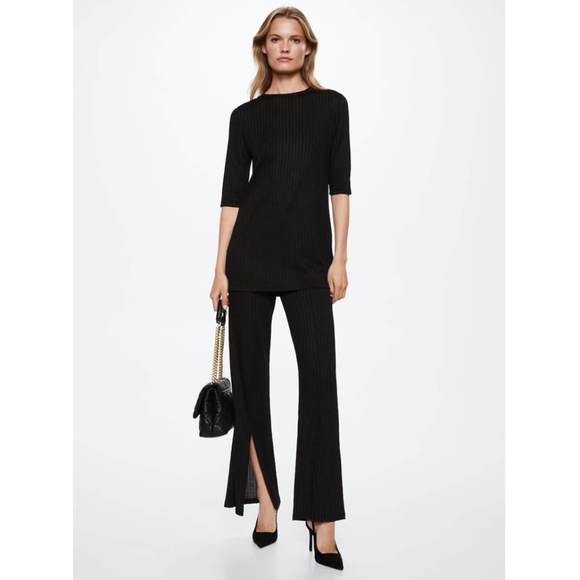 Mango Ribbed Side Slit Trousers Black NEW Margot - Picture 1 of 5